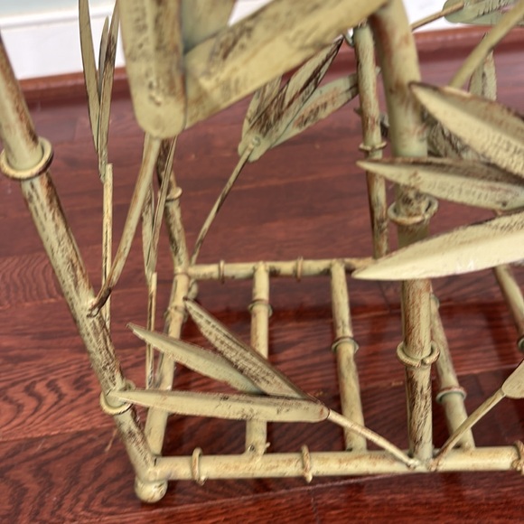 Palm Beach Regency metal faux bamboo leaf magazine holder. Sage green patina. - Picture 2 of 8